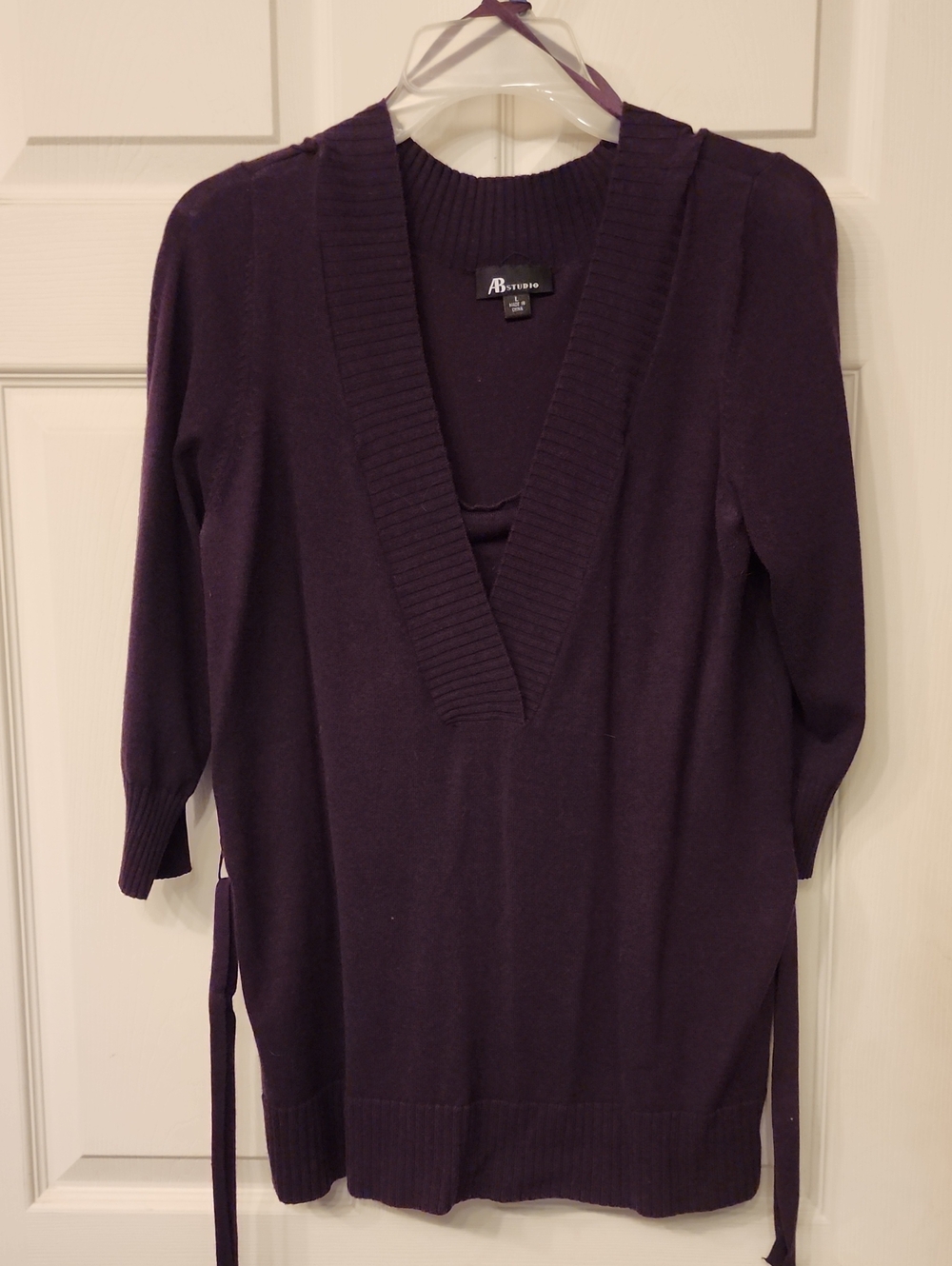 AB Studio Plum V-Neck Waist Tie Women's Sweater